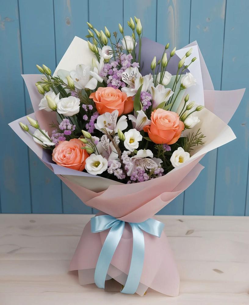 Букет цветов из: Лизиантусы, Розы, Альстромерии и Гипсофила в Чкаловске
