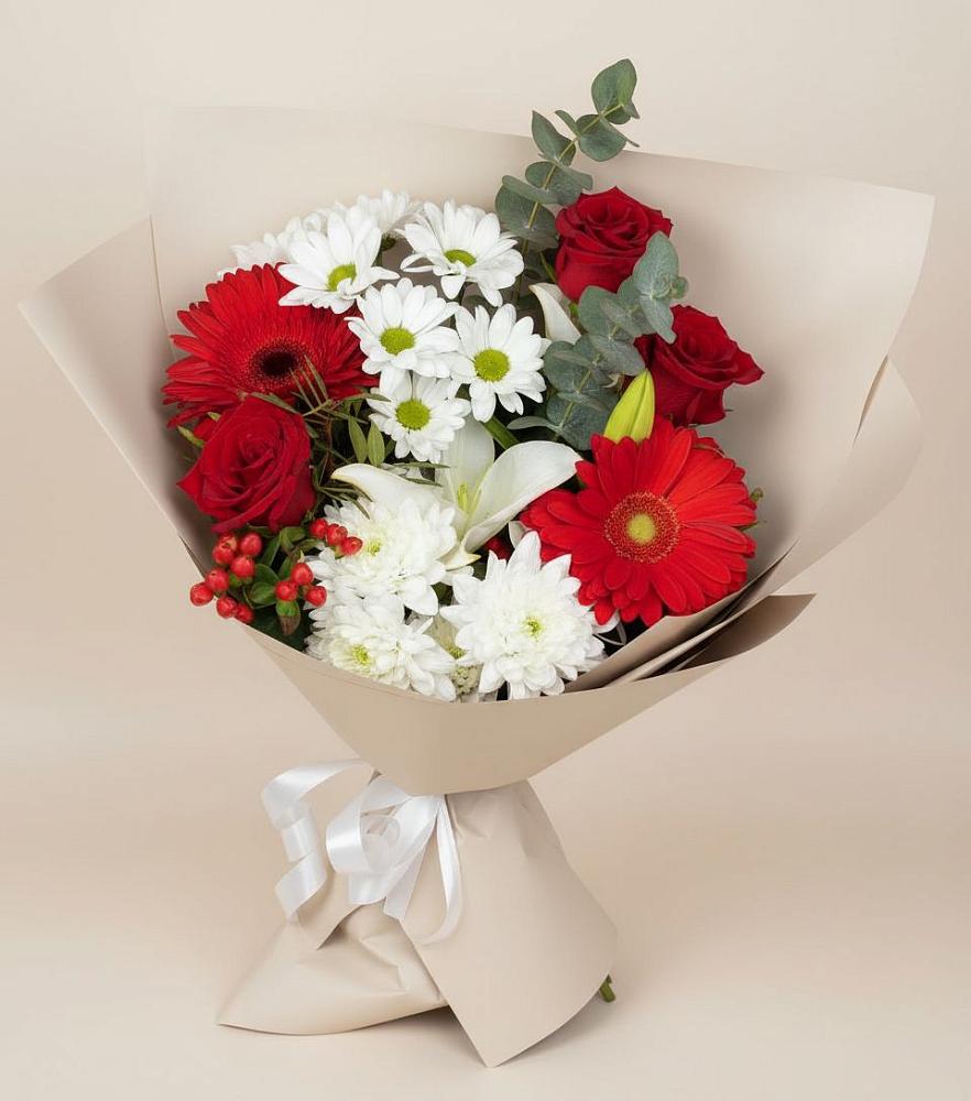 Букет цветов из: Розы, Хризантемы, Герберы и Лилии в Чкаловске